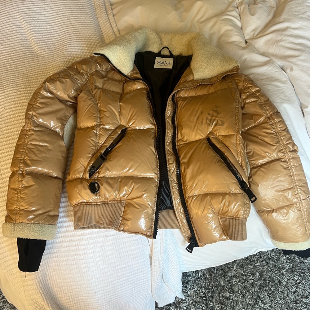 SAM. winter coat puffer. Beige with shearling fur trim on elbow and collar